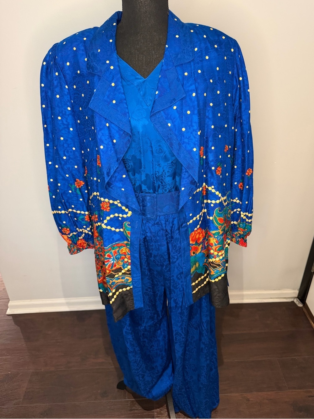 Rare Vintage Diane Freis 4-Piece Suit Set Silk Blouse Duster Pants & Belt OSFM